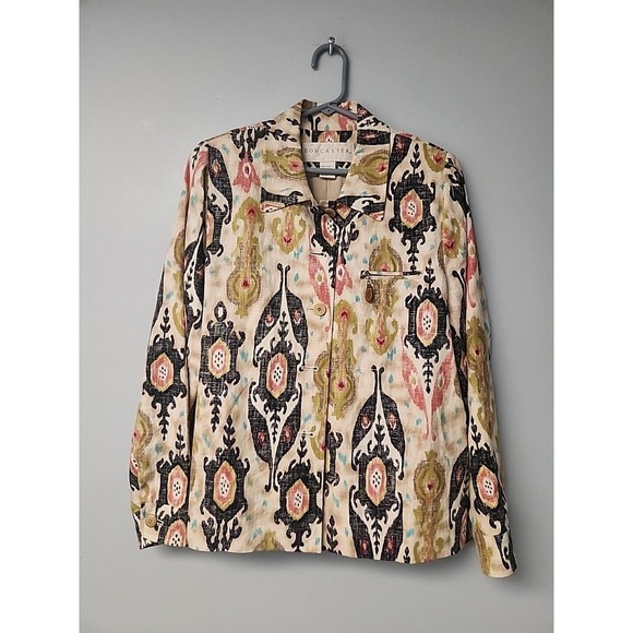 Doncaster Womens Button Down Jacket Size 4 Multicolor Retro Paisley 100% Linen - Picture 1 of 9